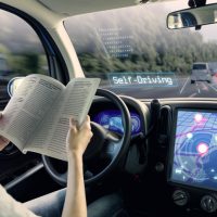 cockpit of autonomous car. a vehicle running self driving mode and a woman driver reading book.